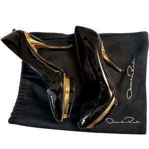 Oscar de la Renta Black Patent Gold Platform Pumps, 39